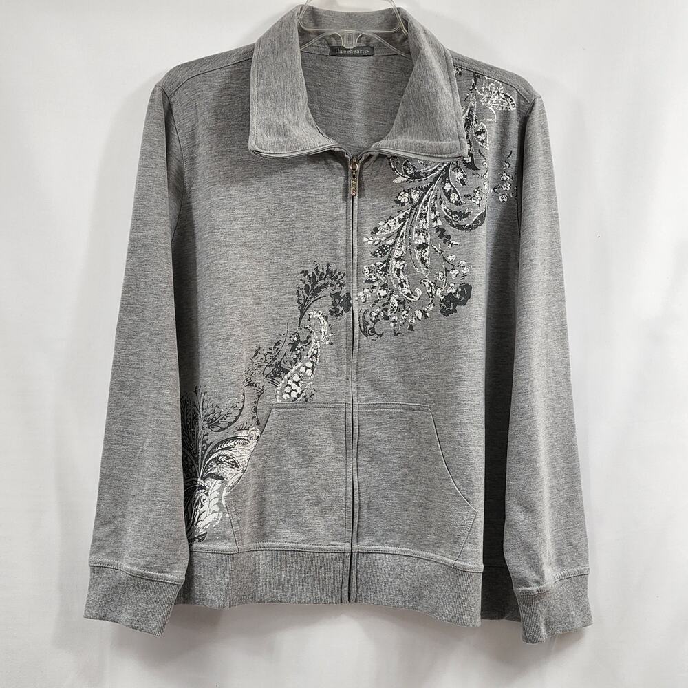 Womens Gray Collared Zip-Up Jacket Pockets Rhinestones Floral Design Threehearts